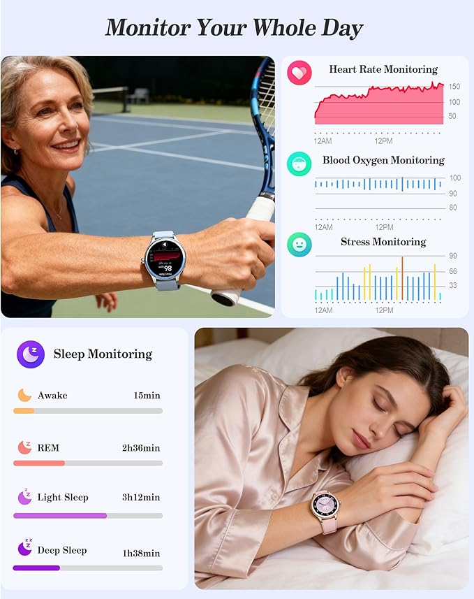 Smart Watch for Women, Ladies & Men, 1.27'' Fitness Watch [41mm case] with Call Receive/Dial, Heart Rate/Stress/Sleep Monitor, AI Voice, IP68 Waterproof Smartwatch with Calendar, Calculator, Games
