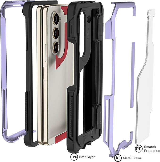 Ghostek ATOMIC slim Samsung Galaxy Fold 5 Case Crystal Clear Back with Aluminum Metal Bumper Premium Rugged Tough Heavy Duty Shockproof Protection Phone Cover Designed for 2023 Z Fold5 (7.6") (Purple)