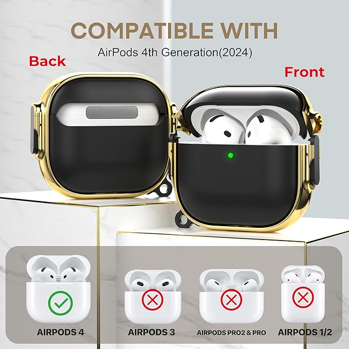 Maxjoy for AirPods 4 Case with Lock, Cute AirPods 4 Case Lock Protective Hard AirPod 4 Generation Cover for Women Men with Keychain Clip for AirPod 4th Generation Cover 2024, Black/Gold