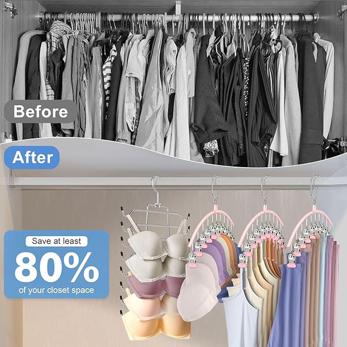 4 Pack Legging Organizer for Closet Hanging, 3 Pants Leggings Hangers with 30 Clips, 1 Tank Top Hanger Space Saving Hangers Closet Organizers and Storage for Pants Skirts Bra, Pink