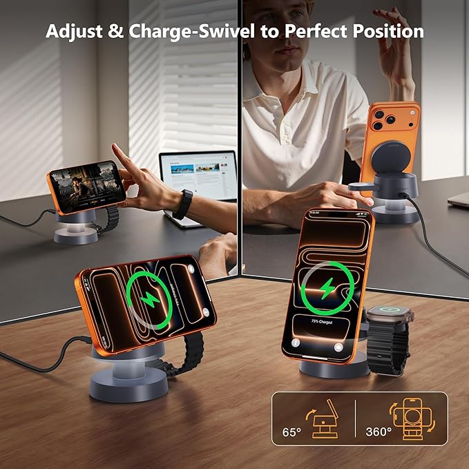 iVANKY 4 in 1 Qi2 Certified 15W MagSafe Wireless Charger Station with Night Light, 3 in 1 Fast Charging Stand for iPhone 17e/17/16/15/14/13 Pro Max Air, Apple Watch, Airpods（Includes 33W Adapter） ﻿ ﻿