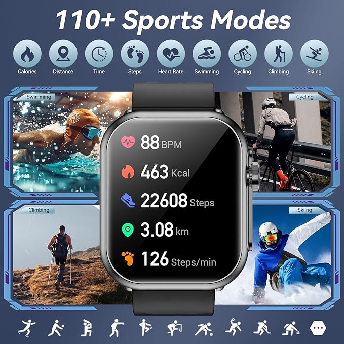 Smart Watch for Men Women, 1000mAh Battery 100-Day Standby Time, 1.85" HD Screen Fitness Tracker, 110+ Sport Modes, IP68 Waterproof, Heart Rate/Sleep Monitor, Fitness Watch for Android/iOS (Black)