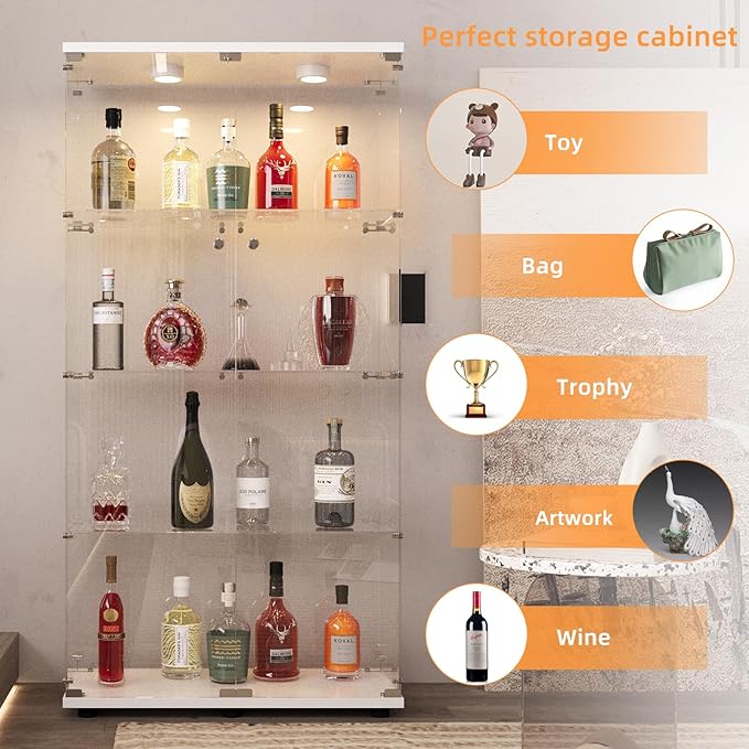 LFT HUIMEI2Y Glass Display Cabinet with LED Lights and Lock, 2 Door Curio Cabinets, Tempered Glass Collection Display Showcase for Bedroom, Living Room 65” White