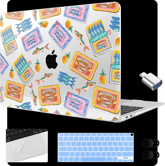 MEEgoodo for MacBook Air 13.3 inch Case 2021 2020 2019 2018 A2337 M1 A2179 A1932, Laptop Shell for MacBook Air M1 with Keyboard Webcam Cover & Trackpad Film & Type C Adapter,Colorful Sardines Fish