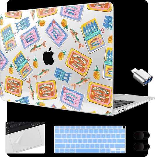 MEEgoodo for MacBook Air 13.3 inch Case 2021 2020 2019 2018 A2337 M1 A2179 A1932, Laptop Shell for MacBook Air M1 with Keyboard Webcam Cover & Trackpad Film & Type C Adapter,Colorful Sardines Fish