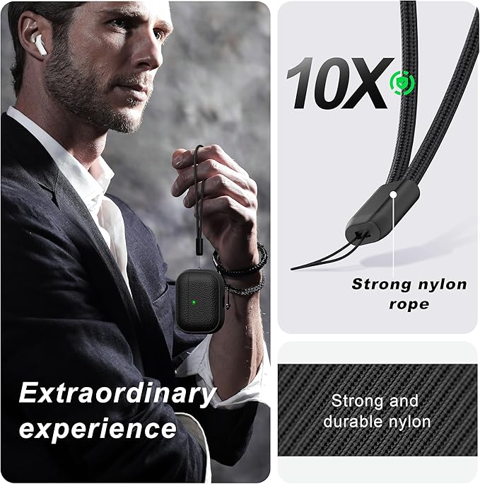 R-fun for AirPods Pro 3 Case 2025, Soft TPU (Leather-Like Design) Drop Protection Cover for Men and Women with Lanyard and Cleaner Kit, Compatible with Apple AirPods Pro 3rd Generation-Black
