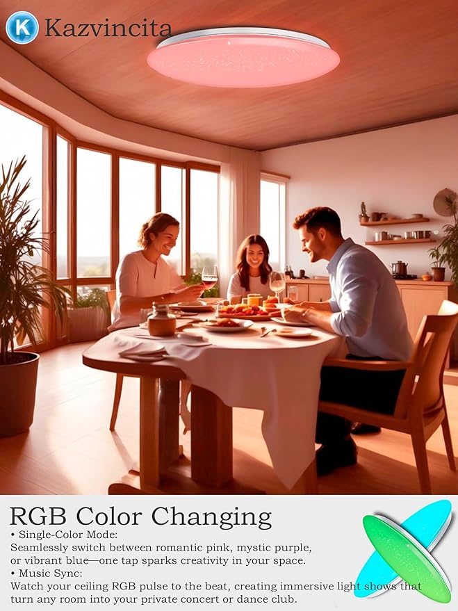 BT-Version LED Ceiling Light with Speaker 40W 13Inch Music Ceiling Lamp with Remote Control Adjustable Brightness & Color Temperature RGB Ambient Lighting for Kids Room Bedroom and More