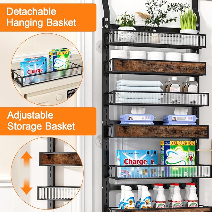 8 Tier Over the Door Pantry Organizer 2 IN 1 Hanging or Wall Mounted Spice Rack with Adjustable Basket,Heavy Duty Seasonning Storage Shelf for Kitchen Pantry and Bathroom