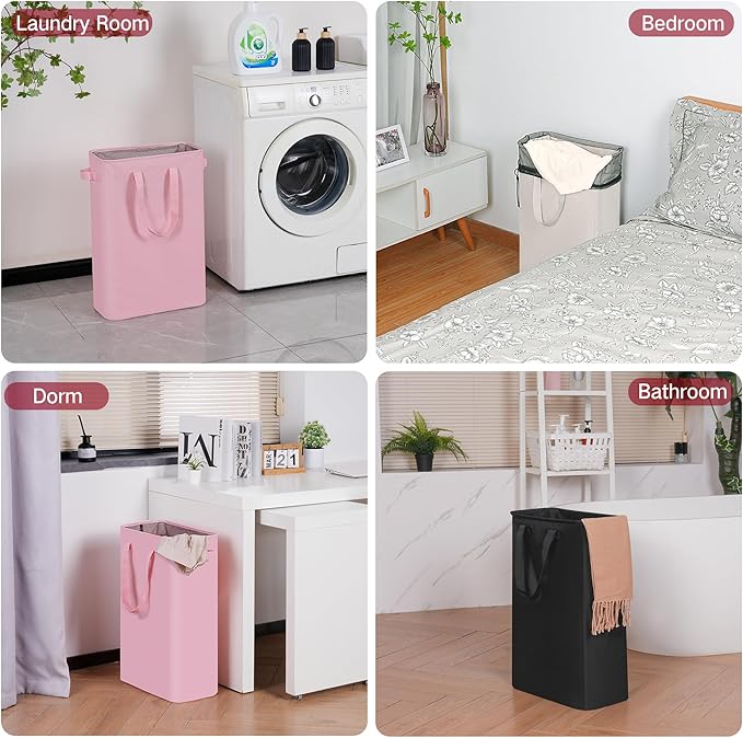 efluky Laundry Basket, Dirty Clothes Basket with Handles, Foldable Laundry Basket for Clothes, Tall Laundry Basket for Laundry Room, Dorm and Bedroom, 12.7 Gallons(48L) Pink, 48HP_24BK
