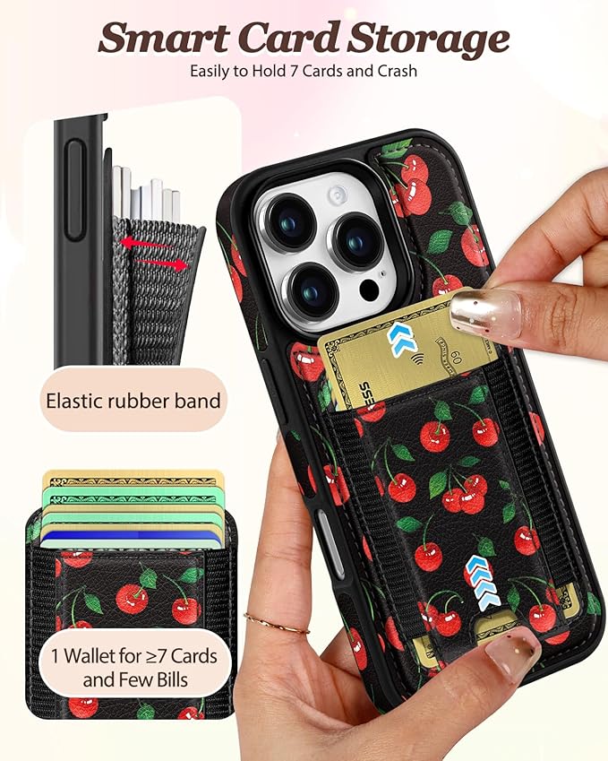 Shorogyt for iPhone 16 Pro Max Case Wallet - Fits 5 Cards, Compatible with Magsafe Detachable Magnetic Credit Card Holder Leather Cardholder Cute Phone Cover Women Girls for Apple 16 ProMax, Cherry