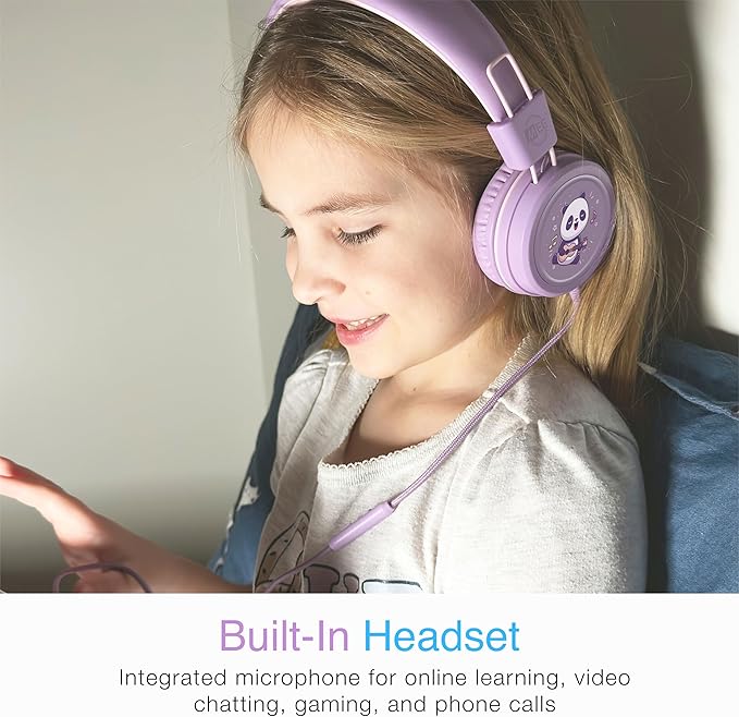 MEE audio KidJamz KJ55 Wired Children’s Headphones with 3.5mm Plug, Colorful Graphics, Volume Limiter & Microphone, Adjustable On-Ear Kids Headset for Online Learning/School/Travel/Tablet (Lavender)