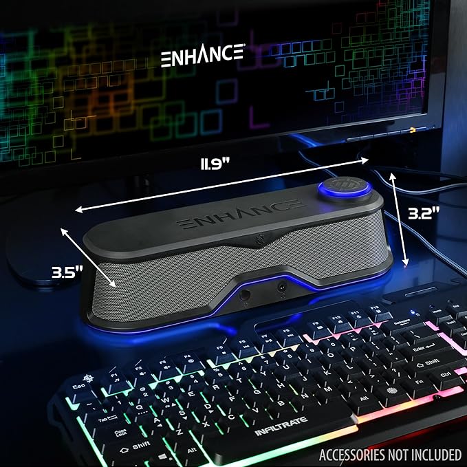 ENHANCE SB1 Computer Speakers High Excursion Soundbar - USB Powered Computer Sound Bar, Under Monitor Speaker with 10W Peak, LED Volume Control Knob, Headset Pass Through, Gaming Soundbar for PC