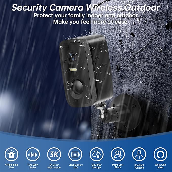 2K Wireless Security Cameras Outdoor, Battery-Powered Cameras with AI Motion Detection, Color Night Vision, Spotlight, 2-Way Talk, Siren Alarm, IP65,Cloud/SD Storage for Home Security 2pack