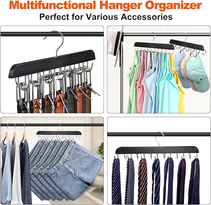 2 Pack Bra and Tank Top Closet Organizer Hangers, Foldable Wooden Space-Saving Hanger with 14 Hooks, Bra Hangers for Closet Organizer，Premium Closet Organizers and Storage for Dorm & Apartment (Black)