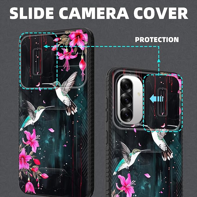 for Galaxy A36 5G/A56 5G Case Built in Slide Camera Lens Cover,Heavy Duty Shockproof Protection Dual Layer Case for Samsung Galaxy A36 5G/A56 5G 6.7" 2025,Flower Hummingbird