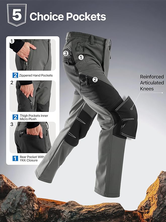 FREE SOLDIER Men's Fleece Lined Outdoor Cargo Hiking Pants Water Repellent Softshell Snow Ski Pants with Zipper Pockets