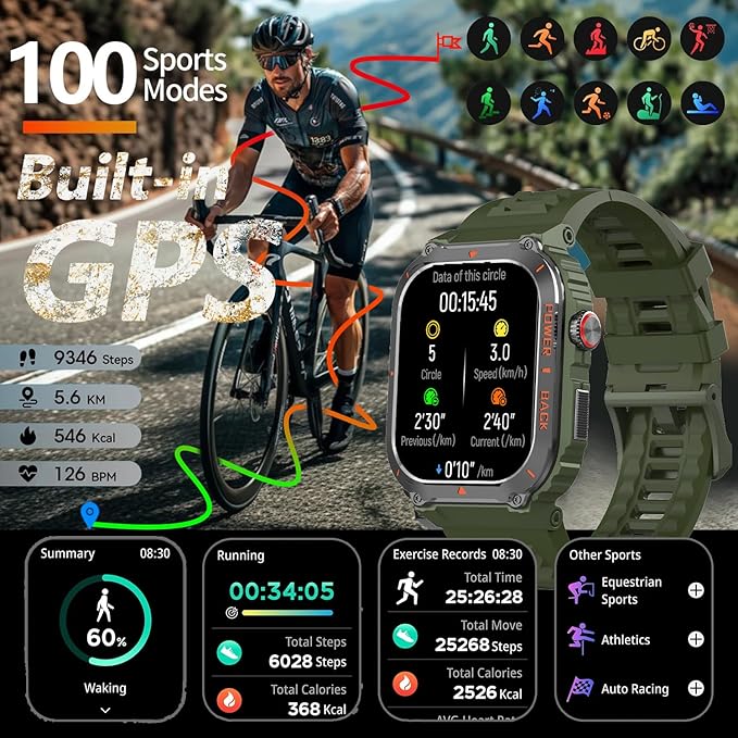 Military GPS Smart Watch for Men Pressure/Altitude/Compass,Fitness Smart Watch for Android Phones and iPhone,Outdoor Waterproof Fitness Tracker with Blood Oxygen/Heart Rate/Sleep/100+ Sport Modes