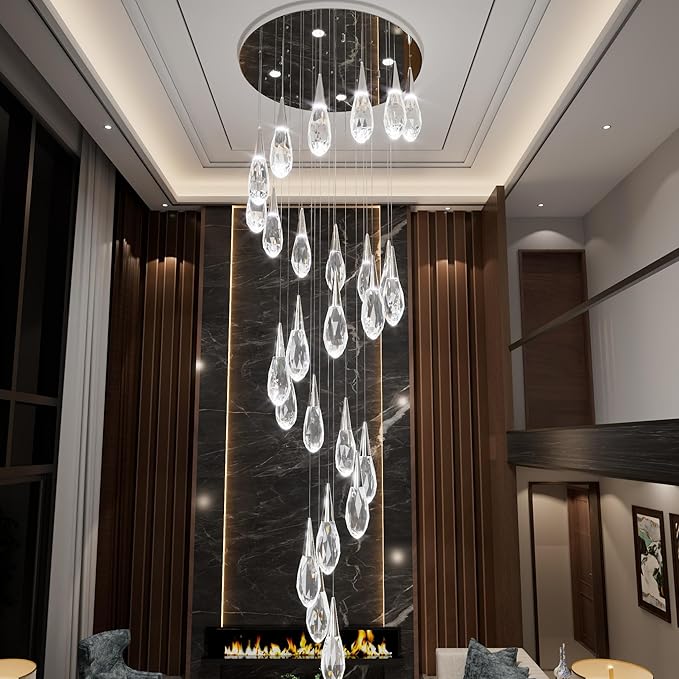 26-Lights Large Chandelier for High Ceiling Silver Crystal Pendant Light Fixture Extra Large Chandelier for Staircase Foyer Villa Living Room