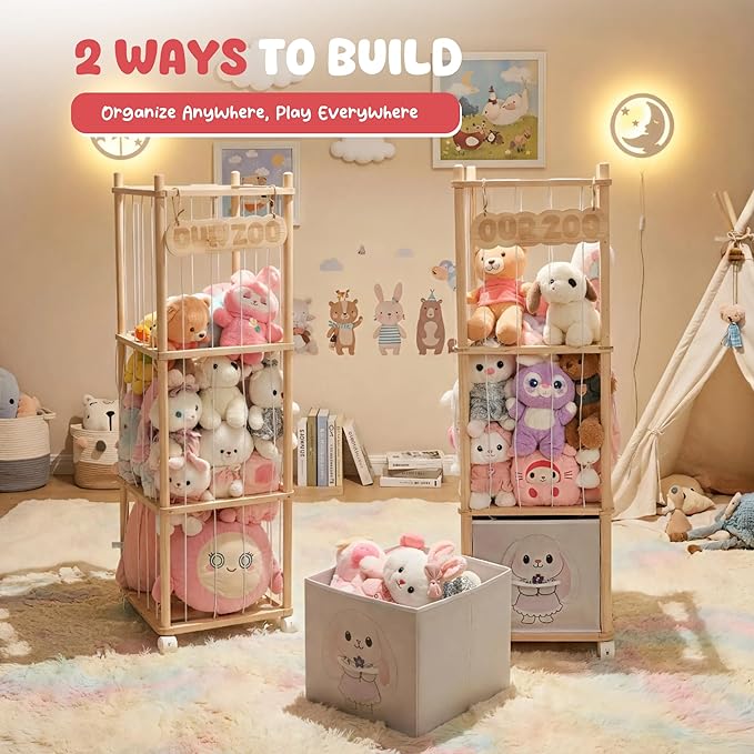 Stuffed Animal Storage with Removable Fabric Bins & Locking Wheels, 2-in-1 Wooden Toy Organizer and Display Shelf - Space-Saving for Playroom, Bedroom, Nursery