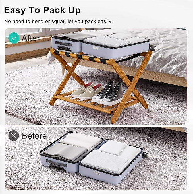 Smuxee Fully Assembled Honey Luggage Racks Pack of 2, Upgraded Bamboo Foldable Suitcase Stand with 5 Nylon Straps, Luggage Holder with Shelf for Guest Room Bedroom Hotel