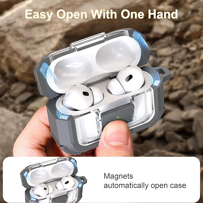 RFUNGUANGO for AirPods Pro 2 Case, Compatible with AirPods Pro 2nd/1st Generation Case, Compatible with MagSafe, Magnetic Automatic Lock with Cleaner Kit and Keychain, Front LED Visible, Gray