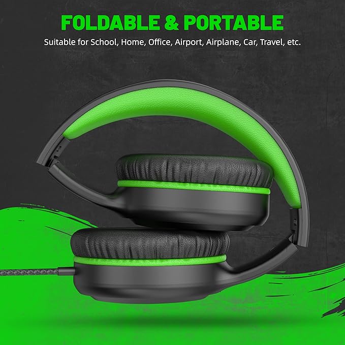 Green Wired Headphones for Boys Portable On Ear Youth Headphones for School Airplane Travel Lightweight Portable Compatible with Pad Computer Laptop for Adults Student Children Girls Kids