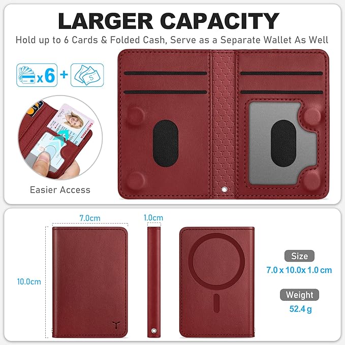 TUCCH for Magsafe Card Holder with Clear ID Window, Fit 6 Cards, RFID Blocking PU Leather Men Women Magnetic Phone Wallet for iPhone 17/16/15/14/13/12/Plus/Air/Pro/Pro Max Series, Dark Red
