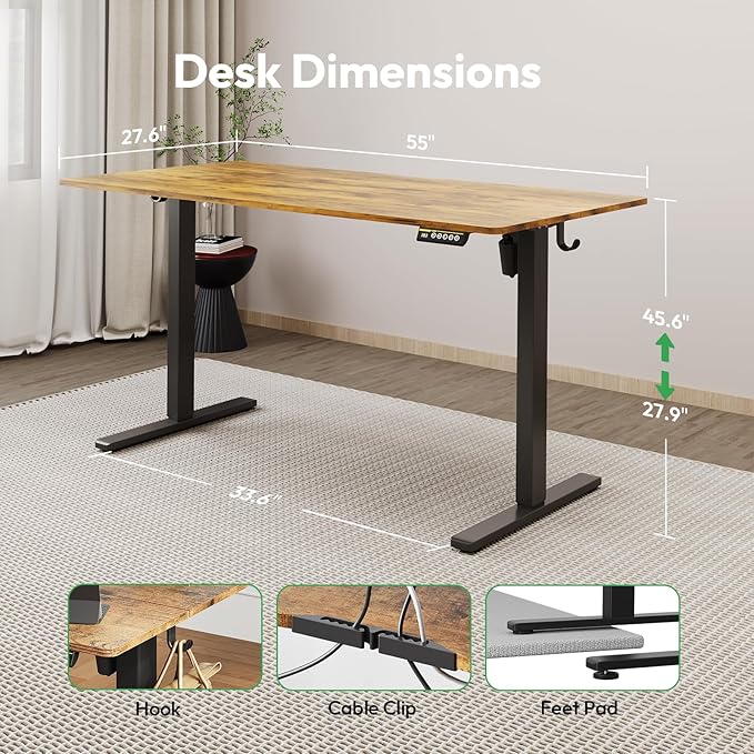 55x28 Large Electric Standing Desk Adjustable Height Stand Up with Lockable Wheels 27.6" Deep Ergonomic Sit Stand Desk for Home Office Work Computer Desk Workstation