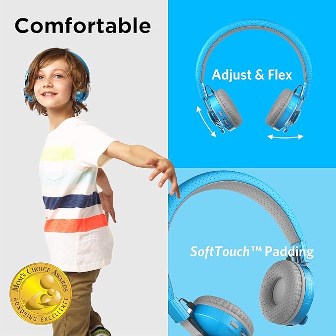 LilGadgets Bluetooth Headphones - Ages 4+ - On-Ear, Blue - Volume-Limited Kids Headphones for School with SharePort Tech & Mic - SoftTouch Padding, 12 Hr Playtime