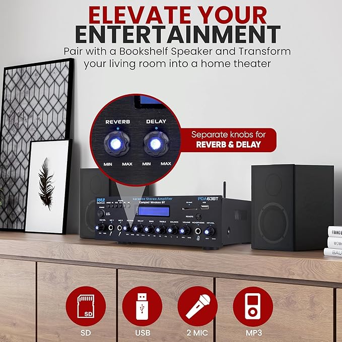 Pyle Wireless BT Stereo Amplifier - Multi Channel, 200 Watt Power, Home Audio Receiver System with FM Radio, BT, USB SD, AUX, RCA, Mic-in, BT and FM Antenna
