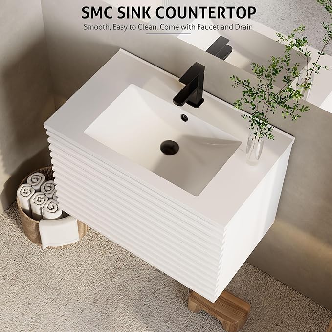 eclife 30" Floating Bathroom Vanity with Sink Combo Mid-Century Wall Mounted Cabinet with Wood Stripes Decor, Drawers, Undermount Sink, Faucet, Drain, Mixed White