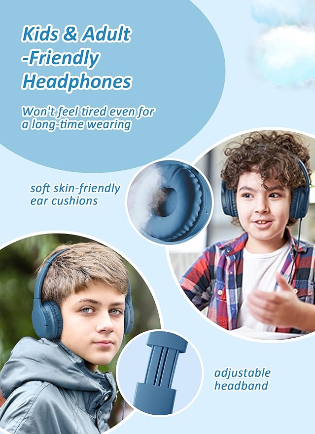 DyBaxa Over-Ear Foldable Pink Kids Headphones, Volume Limiter 94dB Over-Ear Foldable Blue Kids Headphones, Volume Limiter 94dB