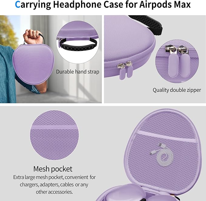 Hard Case for AirPods Max Supports Sleep Mode,Travel Carrying Headphone Case with AirPods Max Clear Ear Cups Cover/Silicone Earpad Case/Headband Cover,AirPod Max Protective Portable Storage Bag,Purple