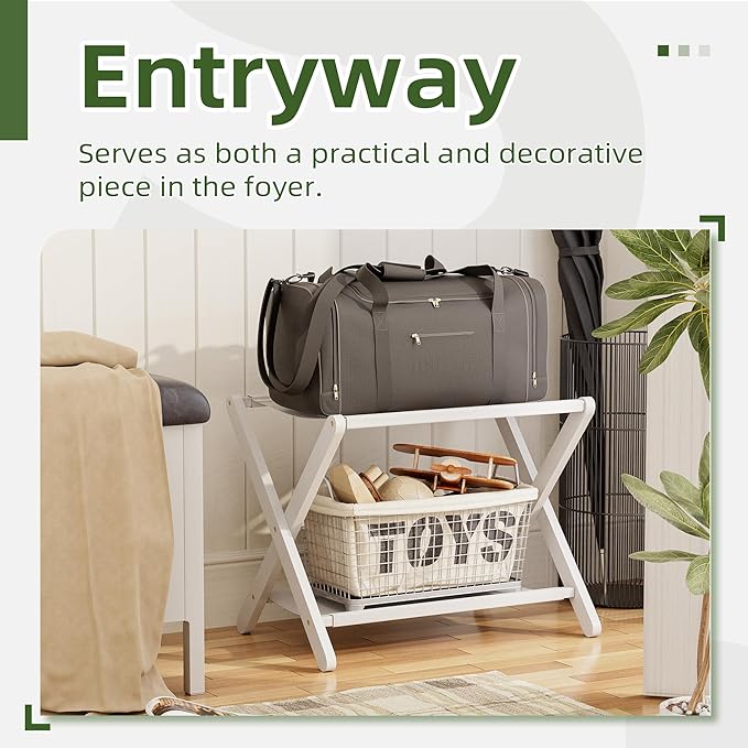 Luggage Rack, Set of 2, Folding Suitcase Stand with Storage Shelf, Premium Bamboo Luggage Holder for Guest Room, Bedroom, Hotel, Closet, Holds up to 135 lb (White)