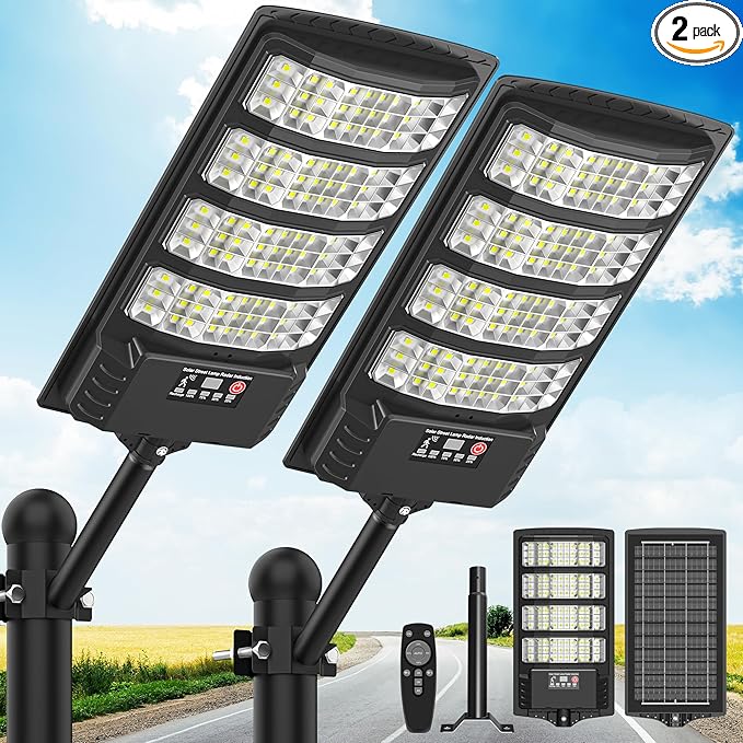 Solar Lights Outdoor Waterproof–6500K LED Street Lights with Motion Sensor & Remote, Dusk to Dawn Flood Lights, Wide Angle Illumination Solar Parking Lot Lights for Yard, Patio, Garage (2 Pack)