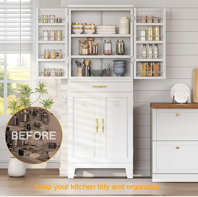 DWVO Metal Storage Cabinet, 71" Kitchen Pantry Cabinet with 4 Door & 4 Adjustable Shelves & Drawer & Door Rack, 6-Tier Tall White Steel Cabinets for Kitchen, Living Room, Dining Room