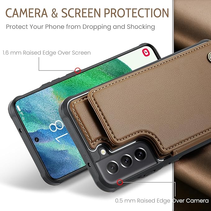 Bemal for Samsung Galaxy S21 FE Wallet Case with Card Holder, RFID Blocking, Shockproof Leather Kickstand for Men and Women, Durable Protective Phone Cover for 6.4", Brown