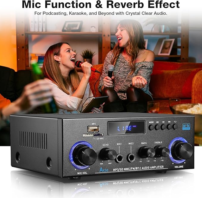 Facmogu AK-50 Bluetooth Stereo Audio Amplifier, RMS 50Wx2 HiFi Sound Stereo Amp Receiver, Remote Control Sound System w/, MP3,USB,SD,AUX, Bass Treble Control for Home Audio, Party, Karaoke, Garages