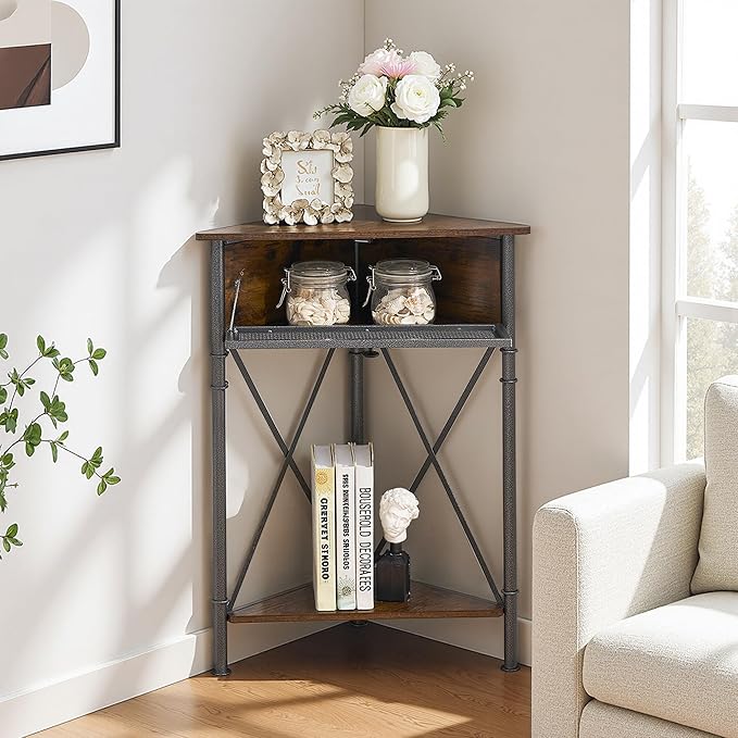 VECELO 3 tier Corner Table/Cabinet with Flip Door and Storage Shelves, Free-Standing Organizer for Compact Space in Living Room/Study/Lobby/Bedroom,Industrial