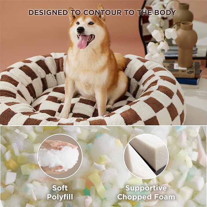 LE SURE Donut Large Dog Bed - Round Cat Beds for Indoor Anti-Anxiety Calming Pet Beds, Washable Cute Modern Beds with Teddy Sherpa Plush & Anti Slip Bottom, 36 Inch, Brown