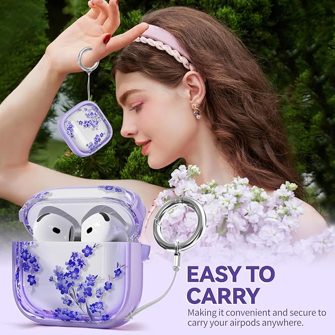 Inesore with Safety Lock for AirPods 4 Case,Clear Floral Cute AirPod 4th Generation Case for Women Girly with Cleaner Kit and Keychain- Purple Bell Flower