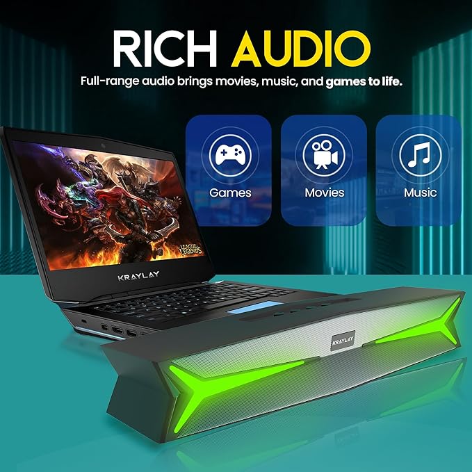 Desktop Soundbar for Computer 15.5 Inches | Bluetooth Soundbar with RGB LED Lights | Clear Bass | AUX, USB, USB-C | Soundbar for Projectors, TVs, Smartphones, Gaming Consoles, & Laptop