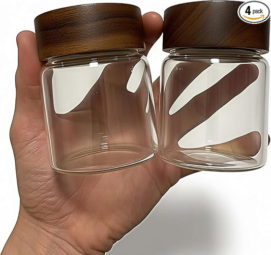 Wide Mouth Glass Storage Jars With 2.5" Acacia Wood Lids - 4 Pack of 6 Oz Food Storage Containers - Borosilicate Glass Canisters Sets For Kitchen - Pantry Organizers and Storage for Rice Coffee Beans