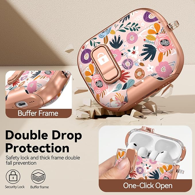 for AirPod Pro 3 Case 2025, with Safty Lock & Phone Stand for Pink AirPod Pro 3 Generation Case Cover for Women Girly, iPod Pro 3 Cases with Keychain & Cleaner Kit - Pink Berry Flower