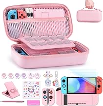 innoAura Switch Case 19-in-1 Bundle for NS Switch (2017), with Carrying Case, Game Organizer, Screen Protector, Stand and Thumb Grips, Pink - Image 1