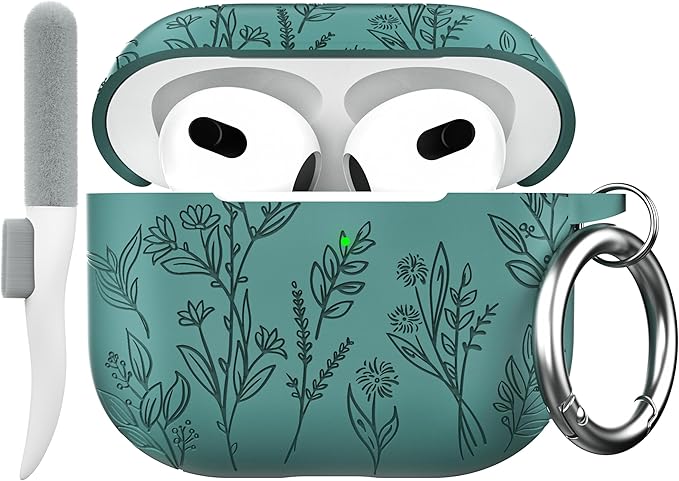 Maxjoy for AirPods 3 Case, Engraved AirPods 3rd Generation Case Cute Soft Silicone Protective AirPod 3 Cover for Women Men with Keychain for Airpod 3rd Gen Cover 2021, Pine Green