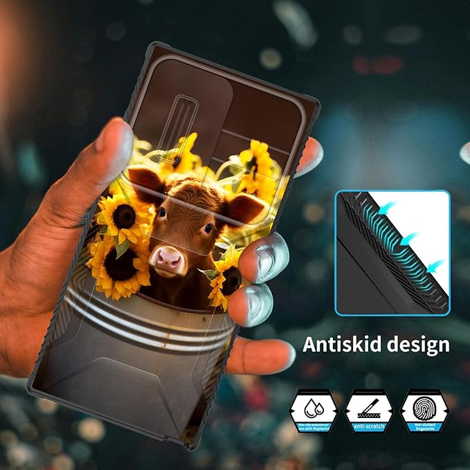 for Galaxy S26 Ultra Case Built in Slide Camera Lens Cover,Heavy Duty Shockproof Protection Dual Layer Case for Samsung Galaxy S26 Ultra 6.9" 2026,Cow with Sunflowers
