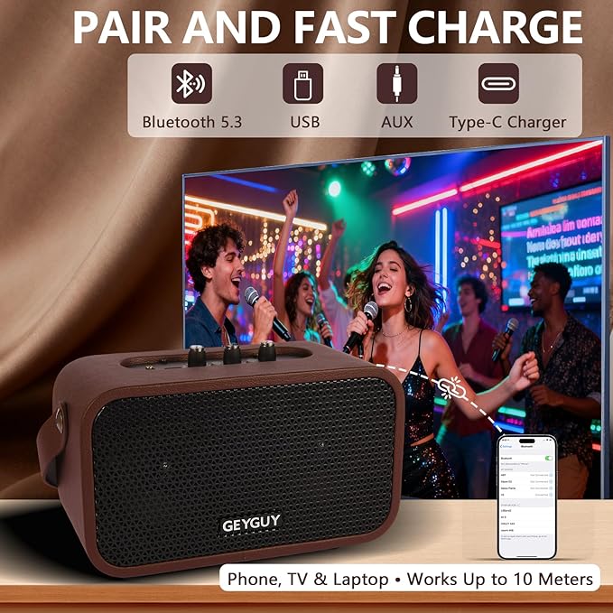 GDSK-4 Portable Bluetooth Speaker, USB Wireless Speaker with Built-in Rechargeable Battery, Retro Small Speaker with Dual 4″ Stereo Bass, IPX4 Splashproof, USB-C Fast Charge for Outdoor, Travel & Home