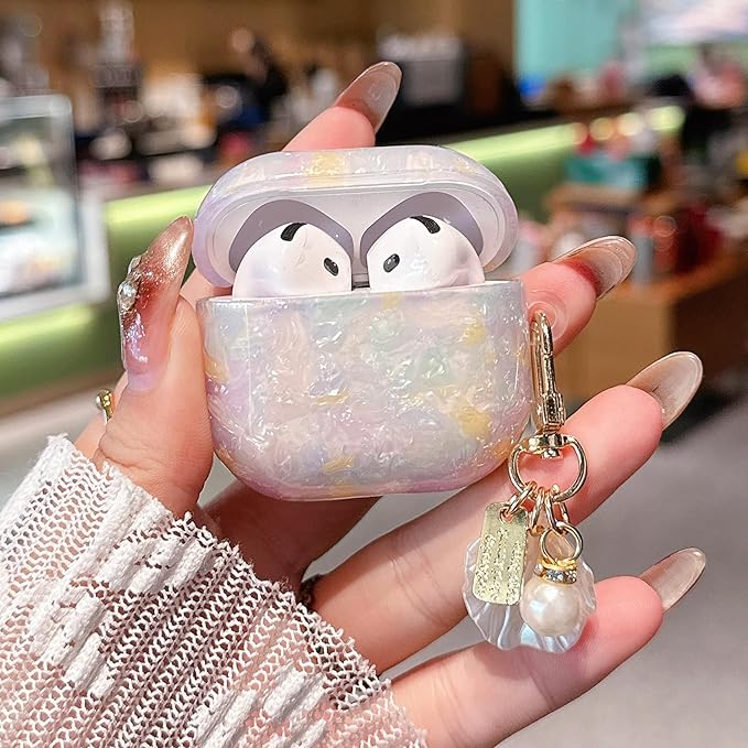 for AirPod 4 Case Cute Shell Pearl Ocean Design for Women Girls TPU Protective Cover with Keychain Compatible for AirPods 4th Generation (Colored Shell)