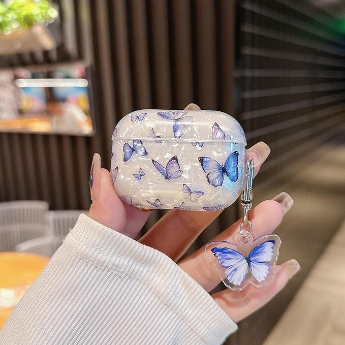 Cute Airpod Pro 2 Case (2022/2023) with Keychain White Marble Hard TPU Protective Cover Compatible with AirPods Pro 2nd Generation Case for Girls Women (Bluish-Purple Butterfly)